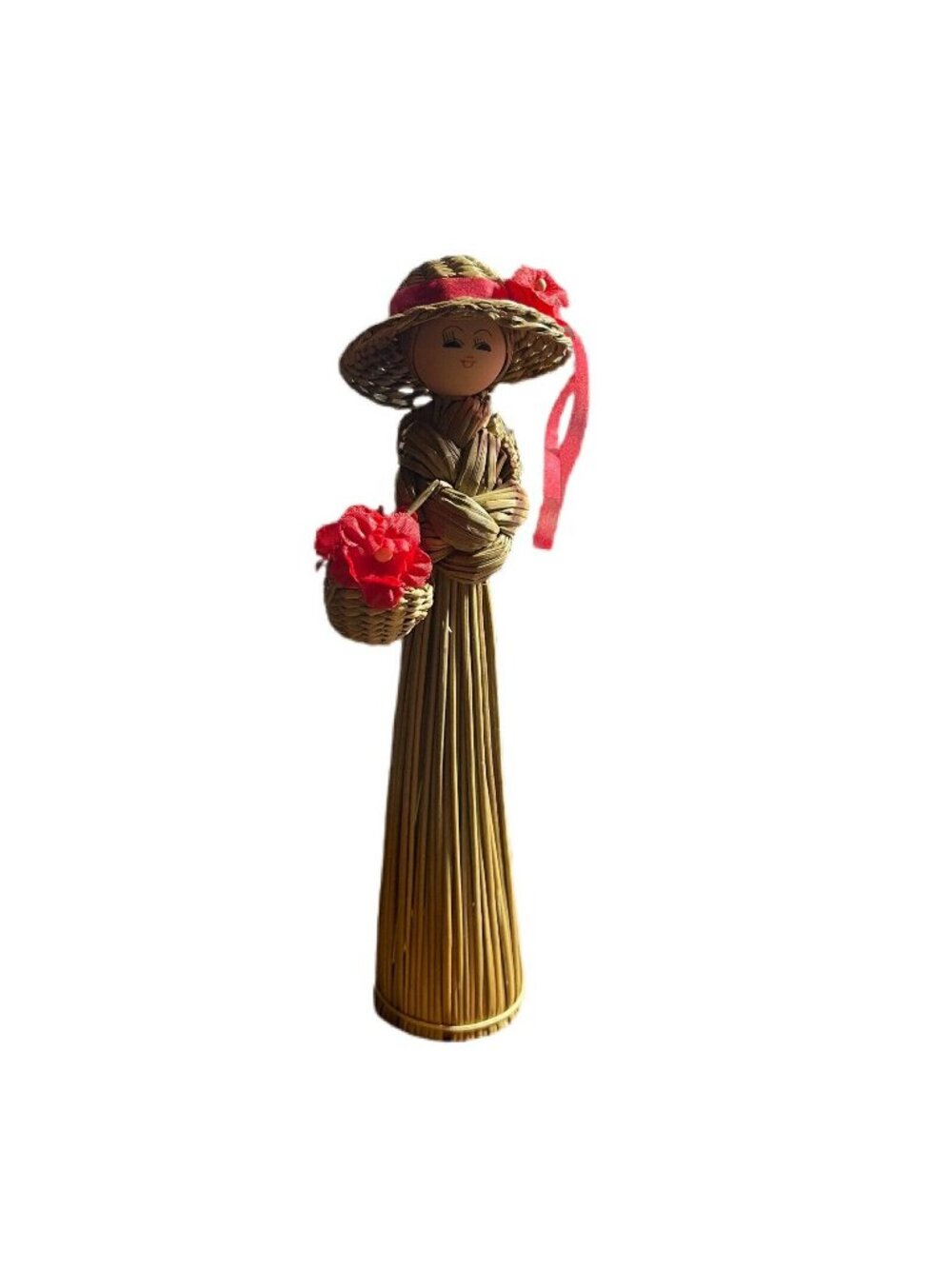 Strawcraft Korean Doll Handmade Straw Figurine Red Hat Ribbon Flower 7In
